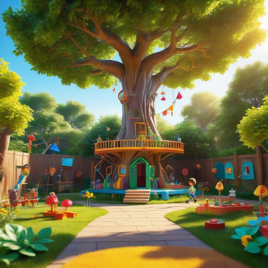 A vibrant playground scene where children of diverse backgrounds are engaged in imaginative play, surrounded by colorful learning tools like building blocks, art supplies, and nature elements. In the background, a whimsical treehouse and a chalkboard filled with drawings symbolize creativity and learning. Bright sunlight filters through the leaves, creating a cheerful atmosphere. super-realistic. vibrant colors. dynamic composition.