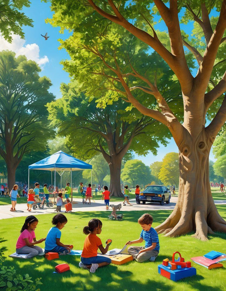A vibrant and colorful illustration depicting children of diverse backgrounds engaged in playful learning activities, such as building blocks, painting, and nature exploration. Include elements like a large tree with a tire swing, books scattered around, and playful animals in the background. The scene should evoke joy, curiosity, and creativity in a bright, sunny park setting. super-realistic. vibrant colors. children playing.