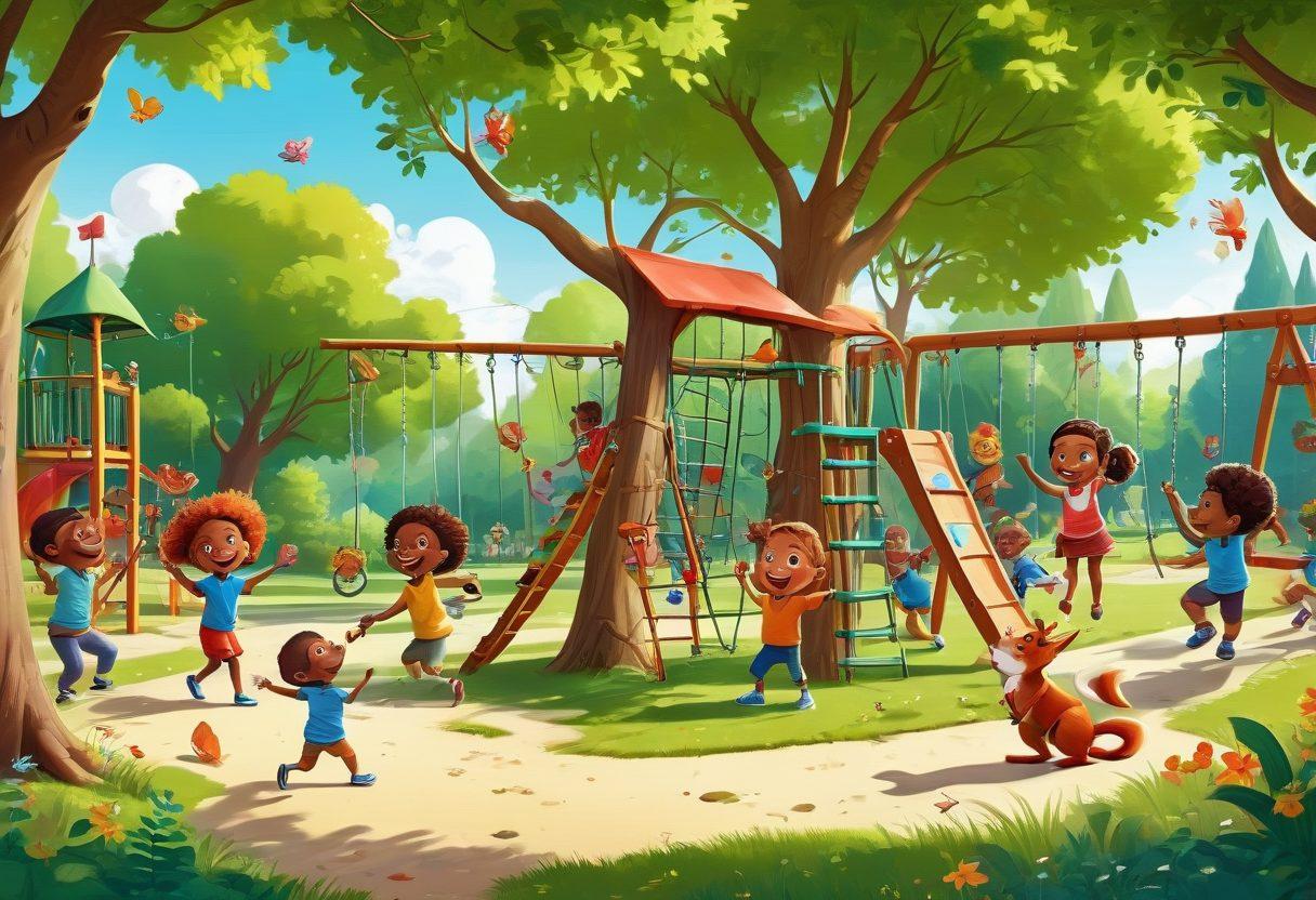 A vibrant and colorful illustration showcasing a group of diverse children engaged in various interactive games outdoors, surrounded by a sunny park setting with trees and playful animals. The children are smiling, highlighting social interaction and teamwork, whilst playing games that enhance their skills. Include elements like climbing frames, puzzles, and sports to represent different activities. The scene should evoke a sense of joy, friendship, and growth. cartoon style. bright colors. sunny atmosphere.